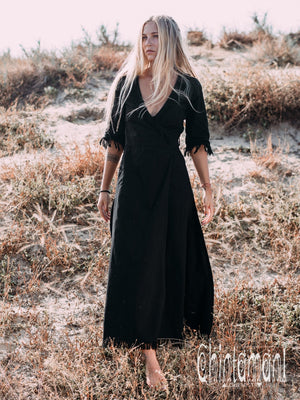 Fringe Wrap Boho Dress - 3/4 Sleeves, Cotton / Black – ChintamaniAlchemi