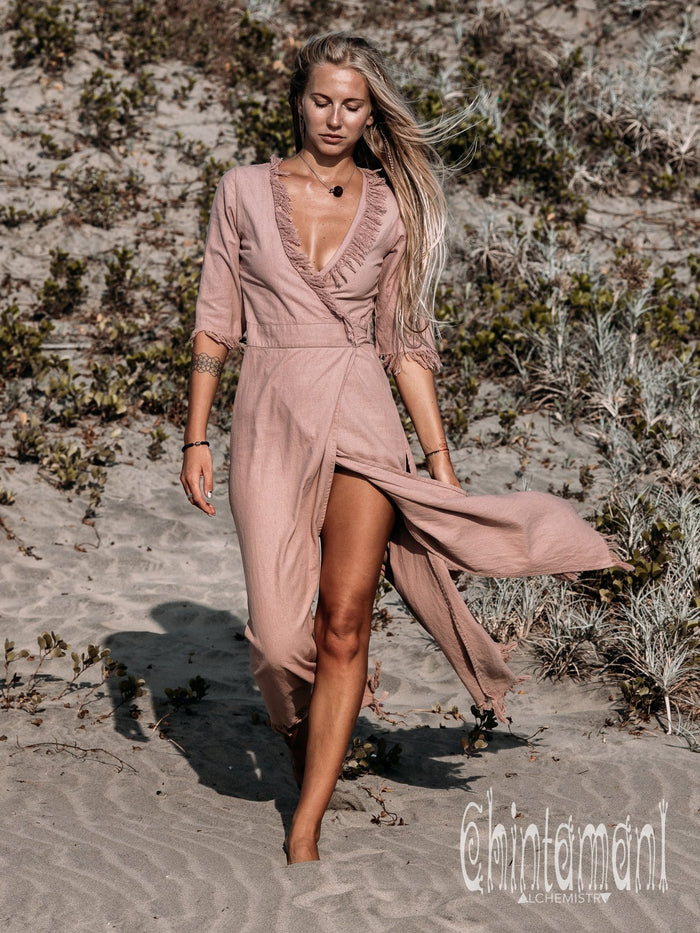 Fringe Wrap Boho Dress - 3/4 Sleeves, Cotton / Dusty Rose - ChintamaniAlchemi