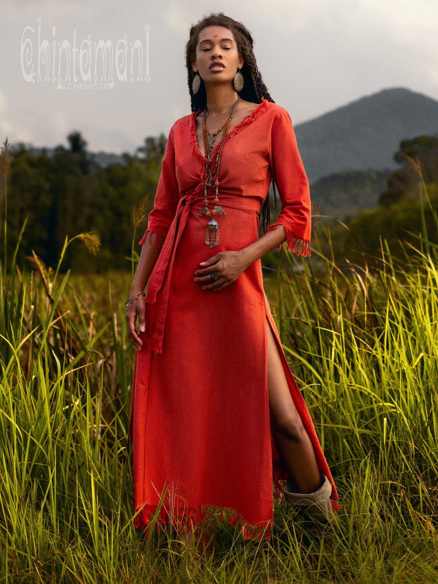 Fringe Wrap Boho Dress 3 4 Sleeves Cotton Red Ochre ChintamaniAlchemi