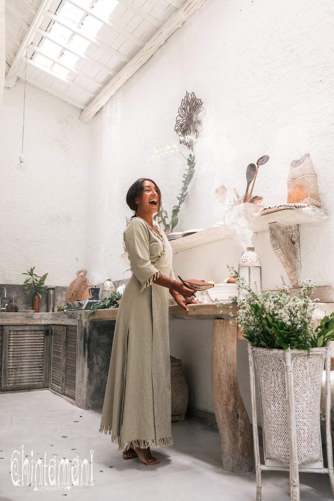 Fringe Wrap Boho Dress - 3/4 Sleeves, Cotton / Sage Green - ChintamaniAlchemi