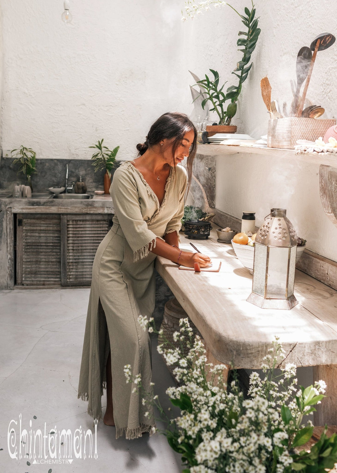 Fringe Wrap Boho Dress - 3/4 Sleeves, Cotton / Sage Green - ChintamaniAlchemi