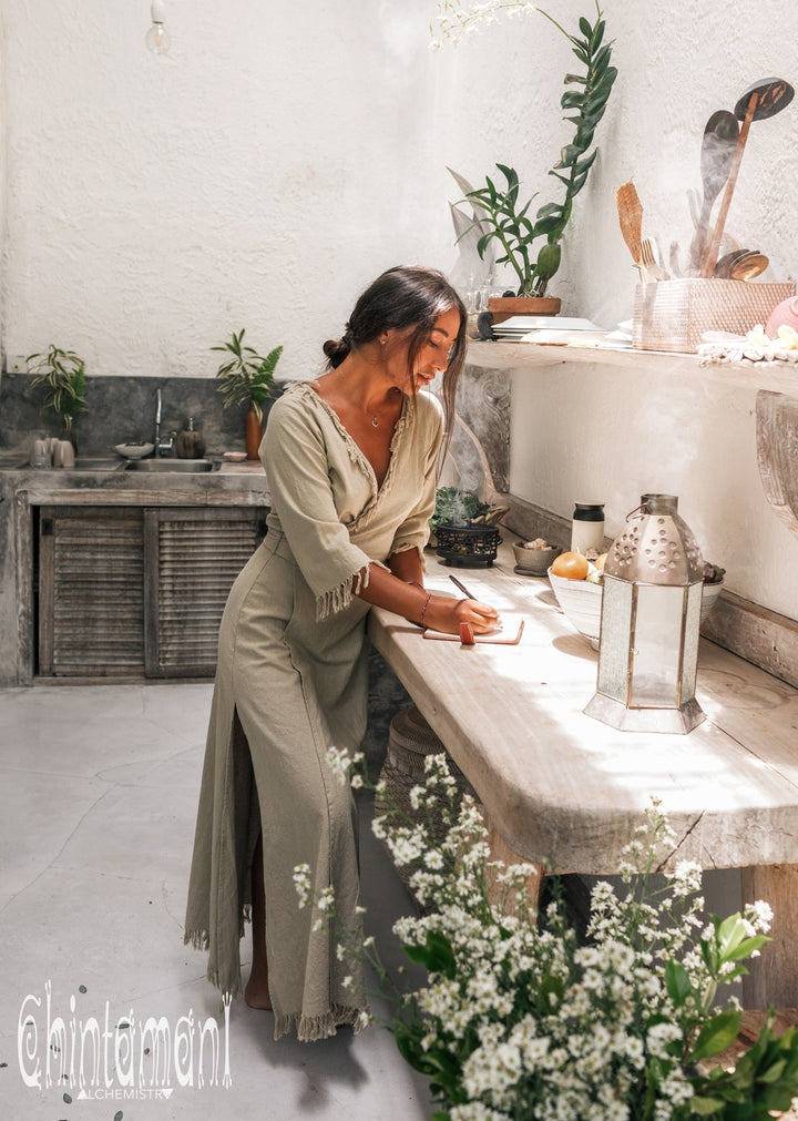 Fringe Wrap Boho Dress - 3/4 Sleeves, Cotton / Sage Green - ChintamaniAlchemi