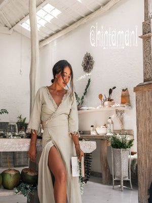 Fringe Wrap Boho Dress - 3/4 Sleeves, Cotton / Sage Green - ChintamaniAlchemi