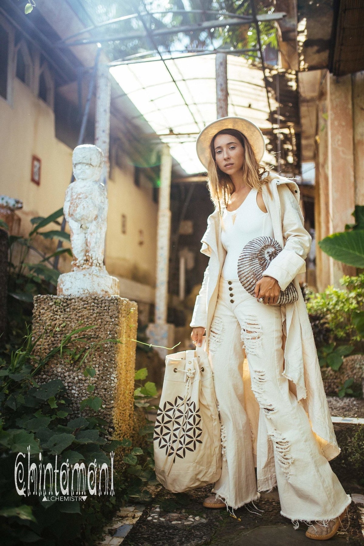 Giant Cotton Canvas Torba Backpack with Flower of Life Print / Beige - ChintamaniAlchemi