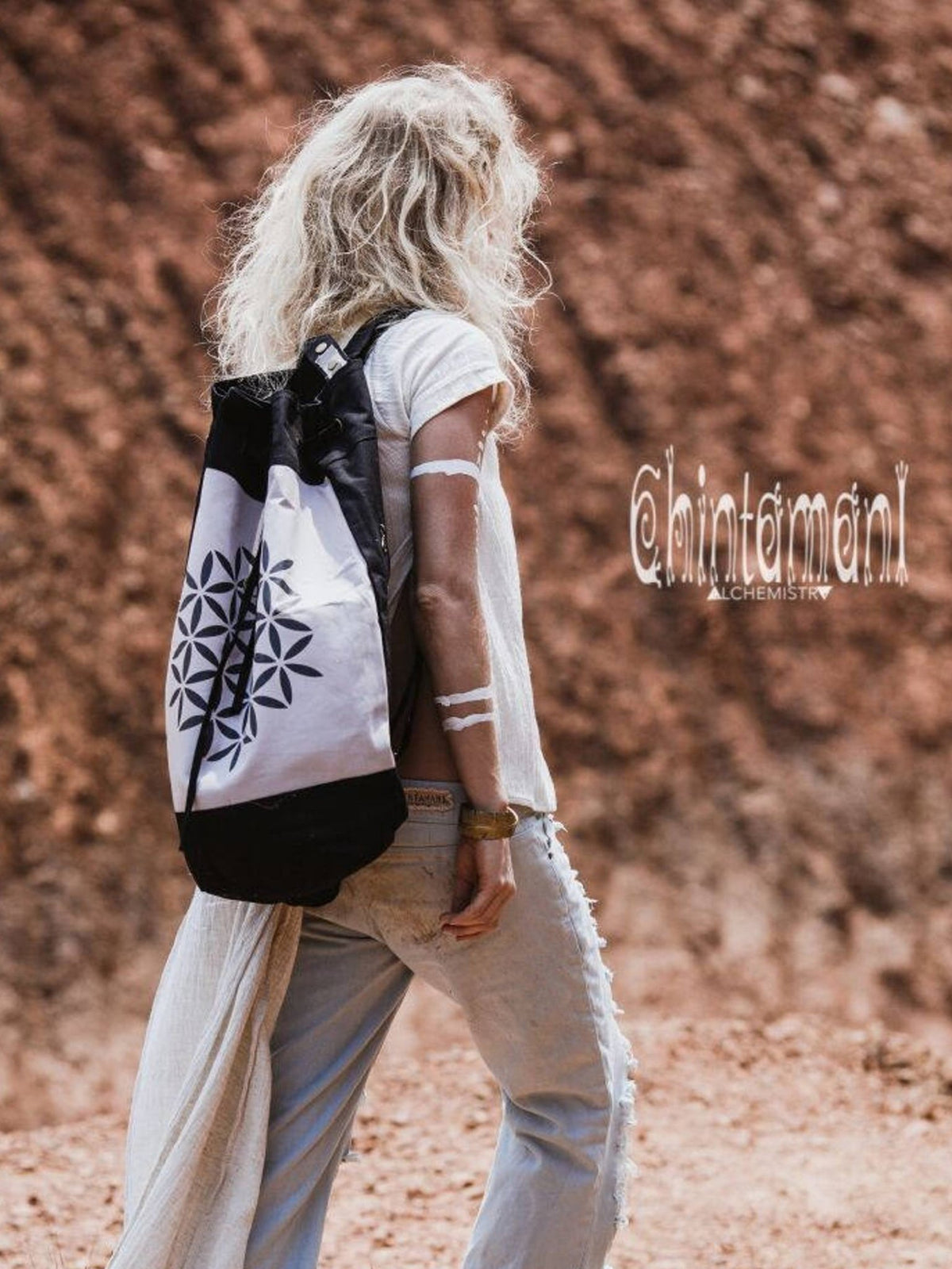 Giant Cotton Canvas Torba Backpack with Flower of Life Print / Black &amp; Grey - ChintamaniAlchemi