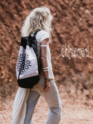 Giant Cotton Canvas Torba Backpack with Flower of Life Print / Black & Grey - ChintamaniAlchemi
