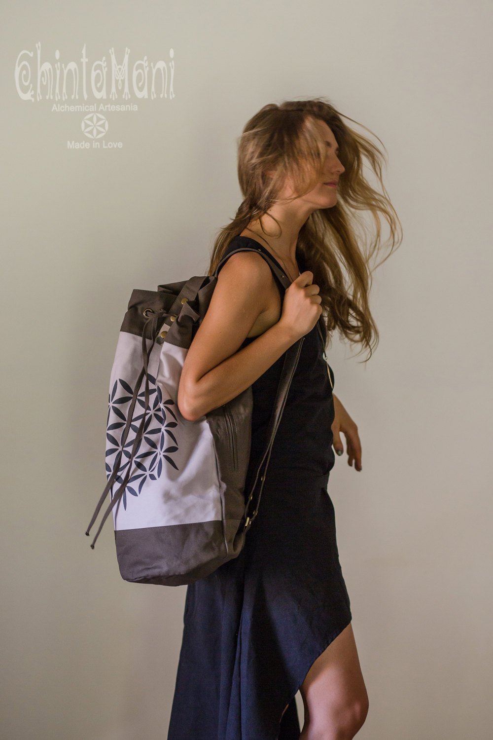 Giant Cotton Canvas Torba Backpack with Flower of Life Print / Grey - ChintamaniAlchemi