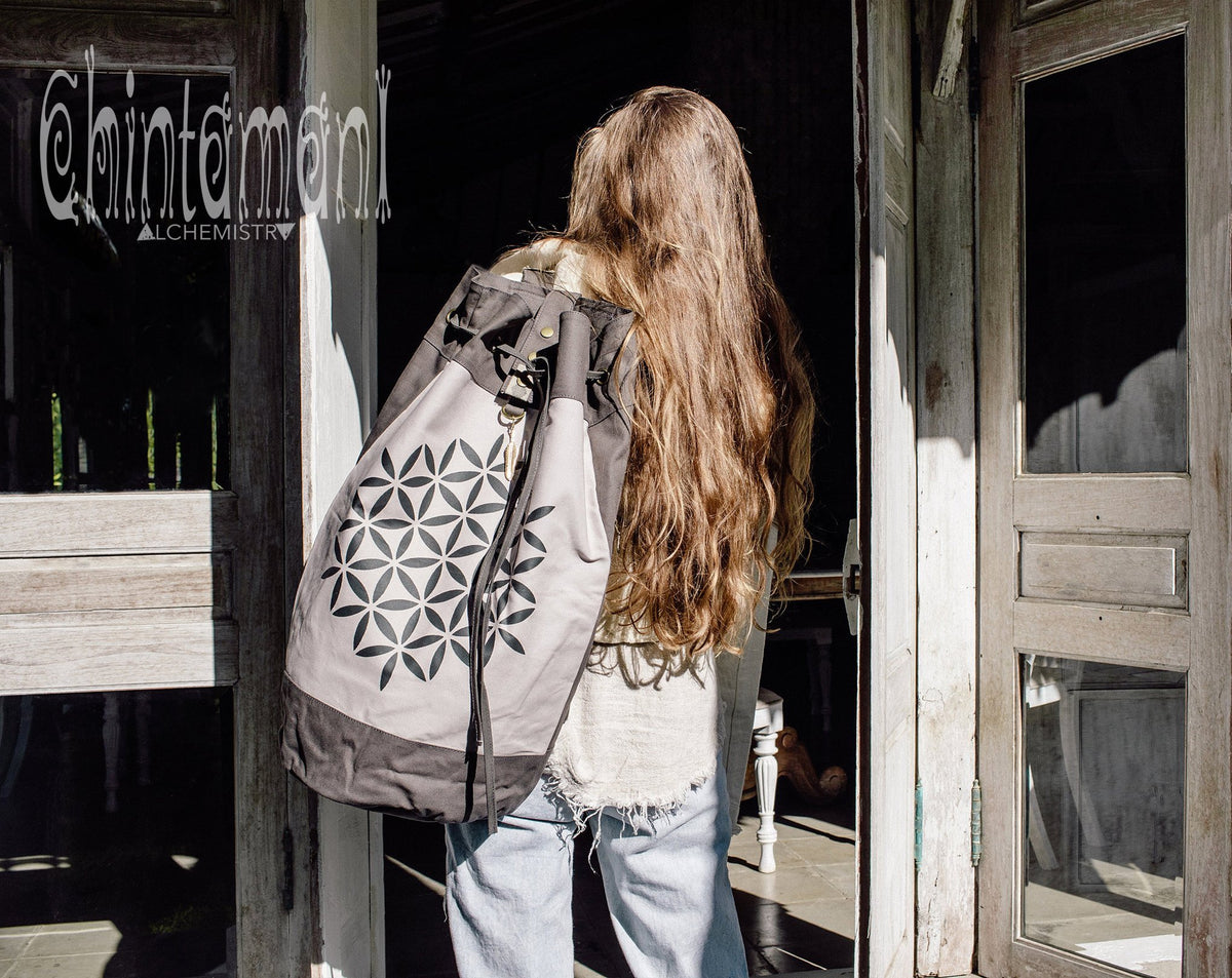 Giant Cotton Canvas Torba Backpack with Flower of Life Print / Grey - ChintamaniAlchemi