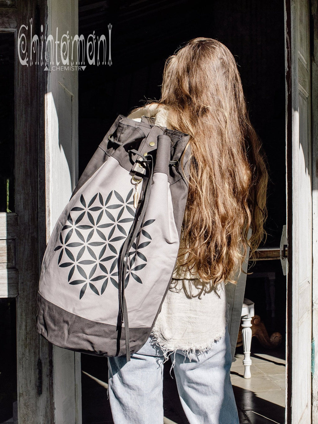Giant Cotton Canvas Torba Backpack with Flower of Life Print / Grey - ChintamaniAlchemi