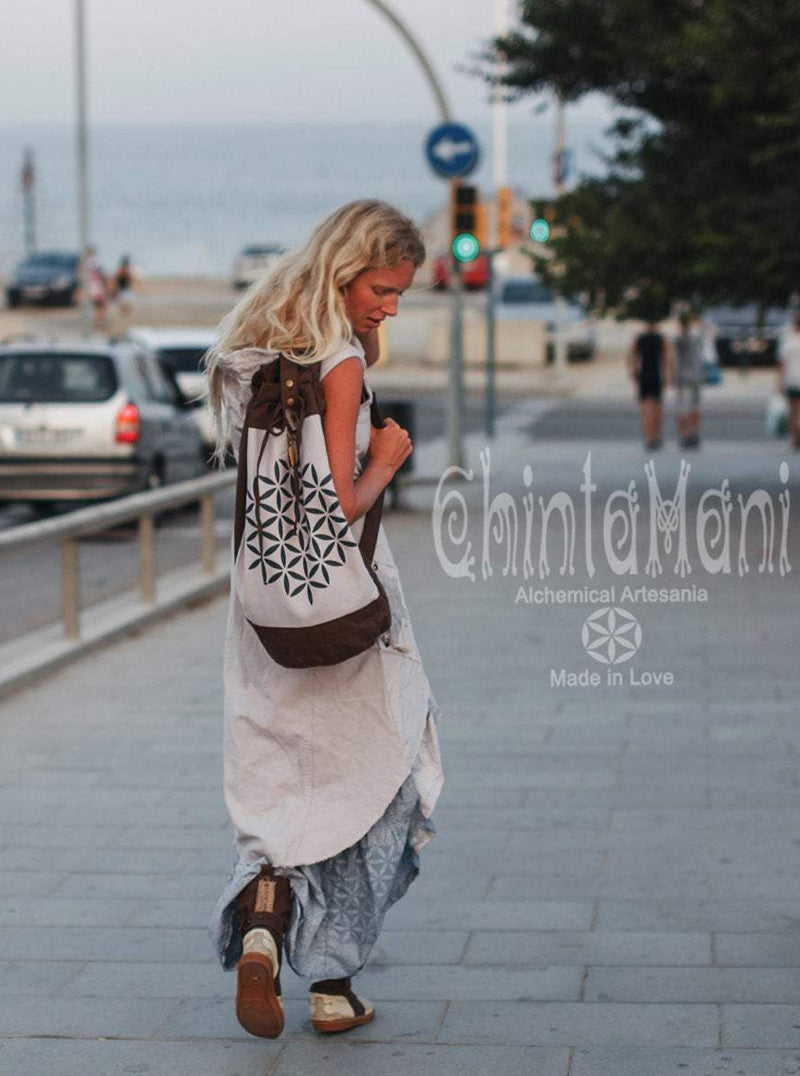 Giant Cotton Canvas Torba Backpack with Flower of Life Print / Grey - ChintamaniAlchemi