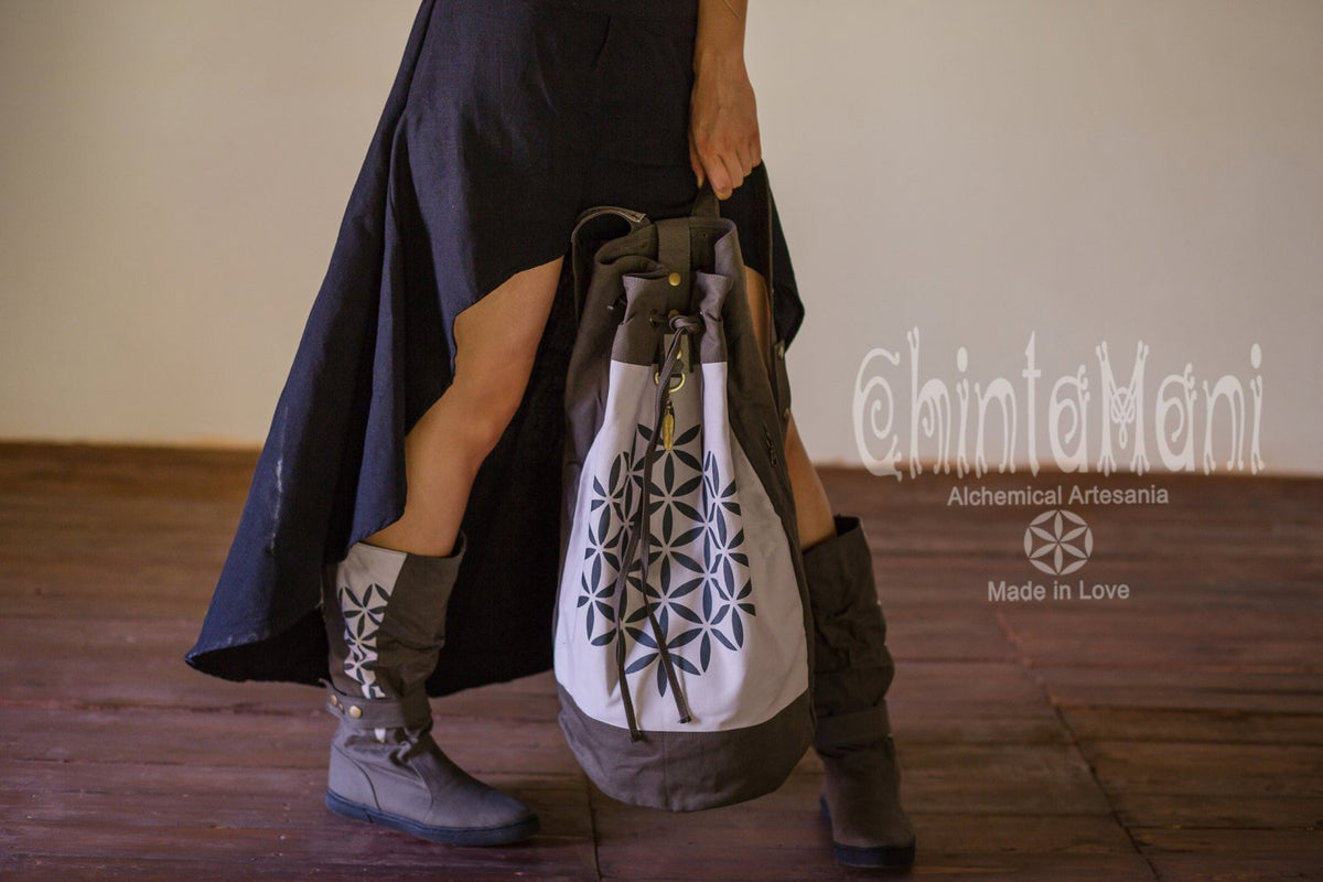 Giant Cotton Canvas Torba Backpack with Flower of Life Print / Grey - ChintamaniAlchemi