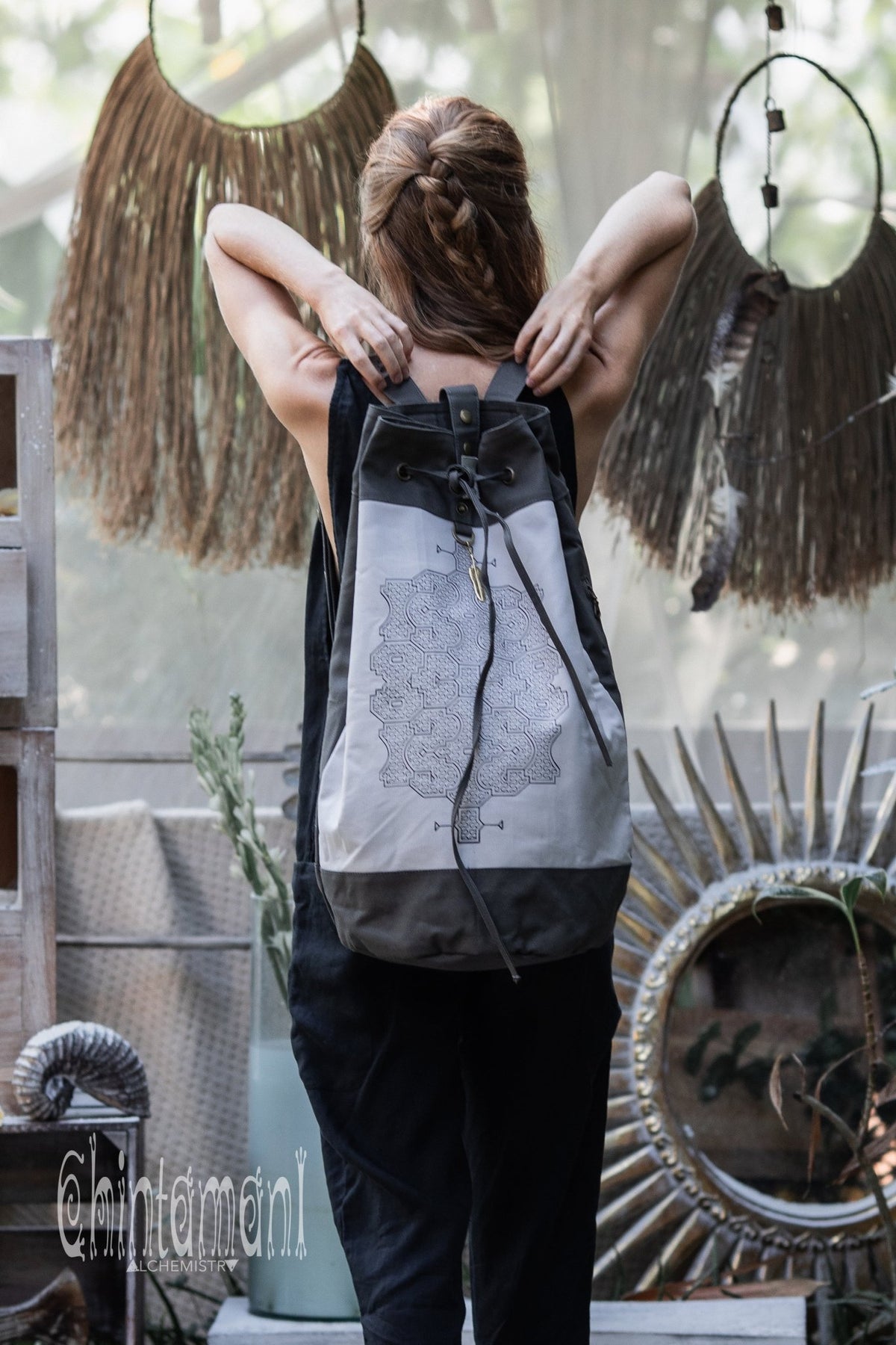 Giant Cotton Canvas Torba Backpack with Shipibo Print / Grey - ChintamaniAlchemi