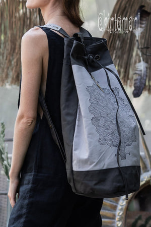 Giant Cotton Canvas Torba Backpack with Shipibo Print / Grey - ChintamaniAlchemi