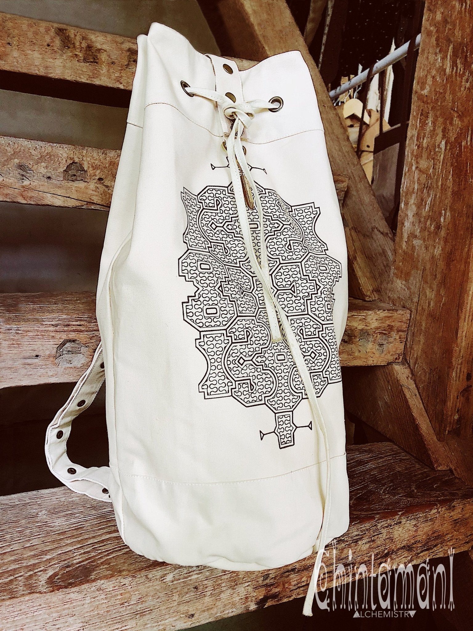 Giant Cotton Canvas Torba Backpack with Shipibo Print Off White ChintamaniAlchemi