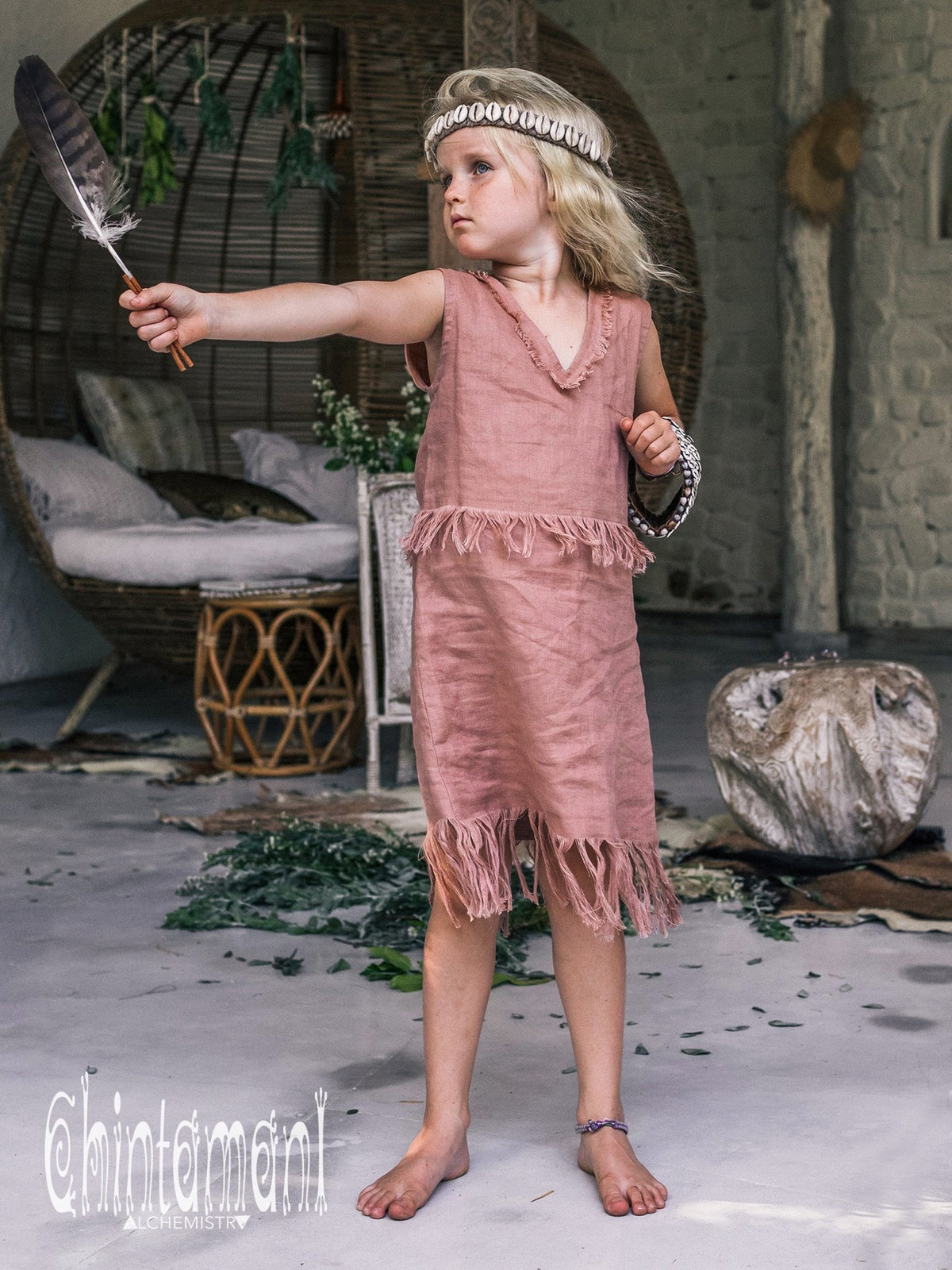 Girls Linen Dress Size 5 to 13 / Organic Tunic Tank Dress / Dusty Pink - ChintamaniAlchemi