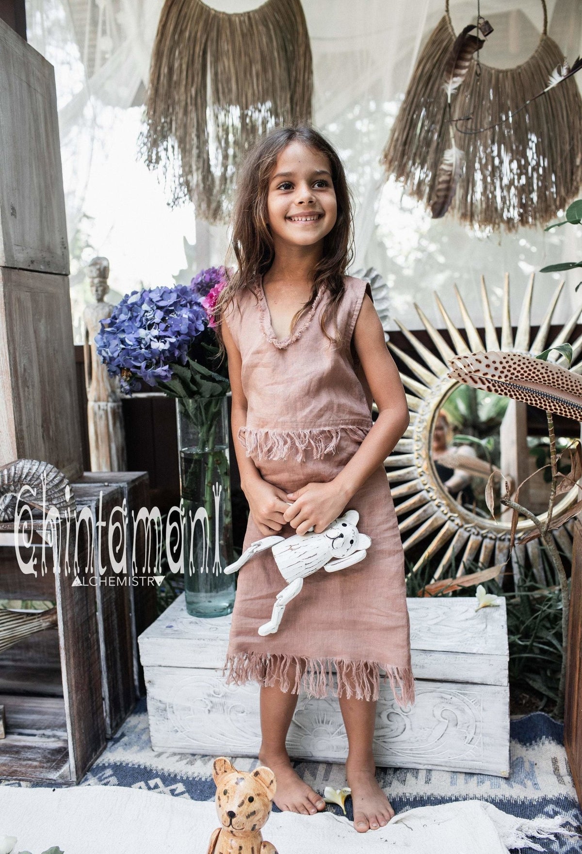 Girls Linen Dress Size 5 to 13 / Organic Tunic Tank Dress / Dusty Pink - ChintamaniAlchemi