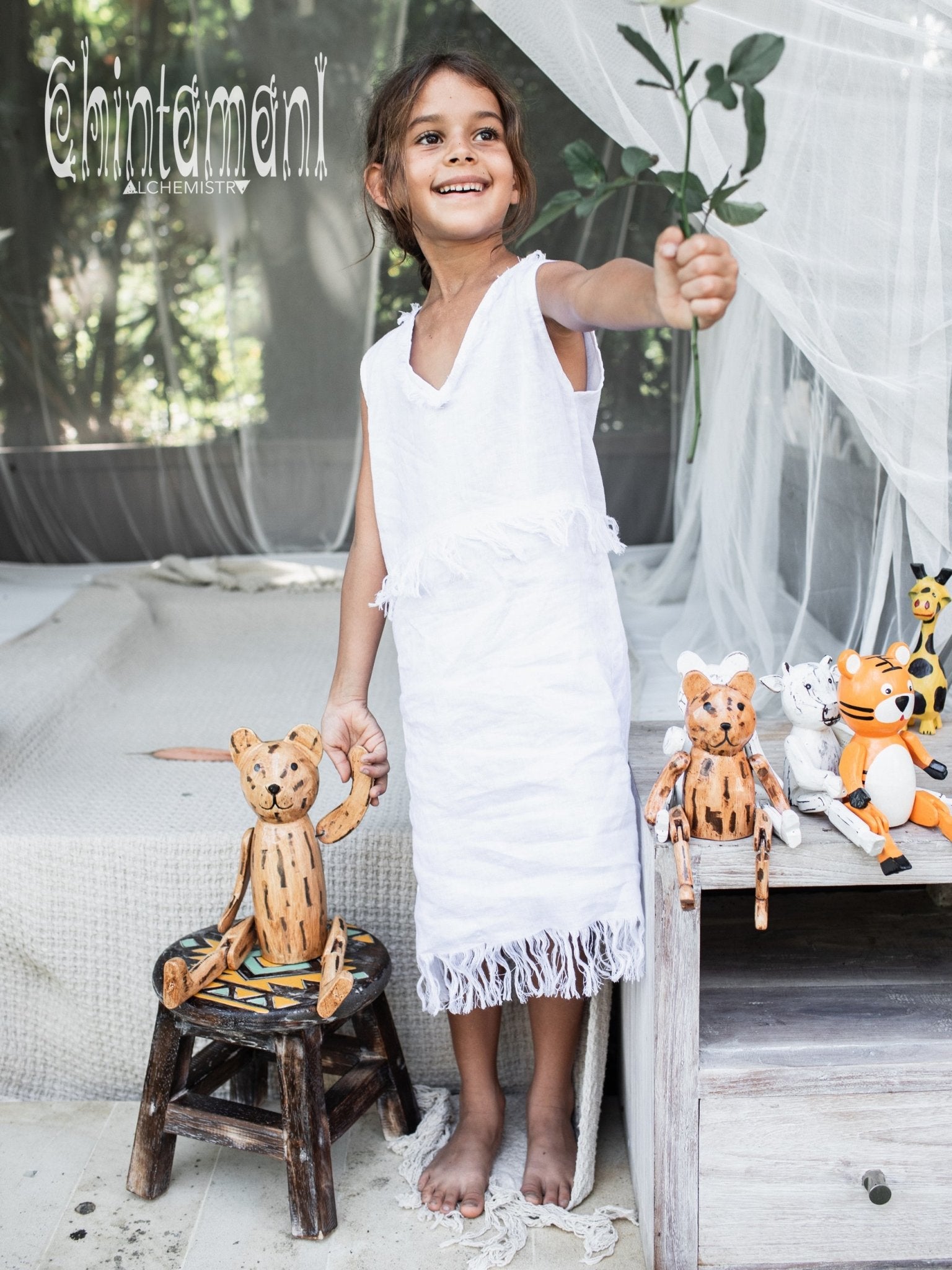 Girls Linen Dress Size 5 to 13 / Organic Tunic Tank Dress / White - ChintamaniAlchemi