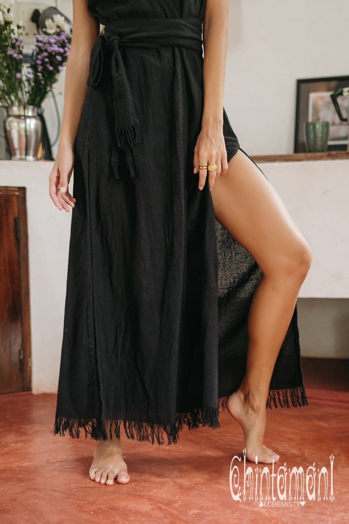 Gypsy Raw Cotton Sleeveless Long Wrap Dress / Black - ChintamaniAlchemi