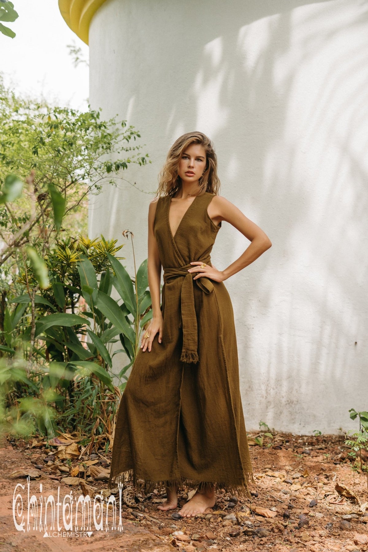 Gypsy Raw Cotton Sleeveless Long Wrap Dress / Brown - ChintamaniAlchemi