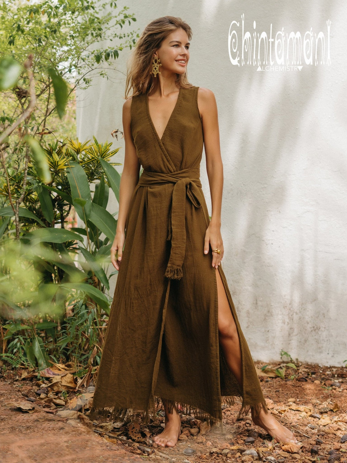 Gypsy Raw Cotton Sleeveless Long Wrap Dress / Brown - ChintamaniAlchemi