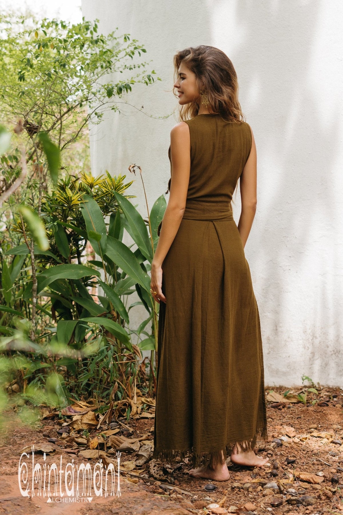 Gypsy Raw Cotton Sleeveless Long Wrap Dress / Brown - ChintamaniAlchemi