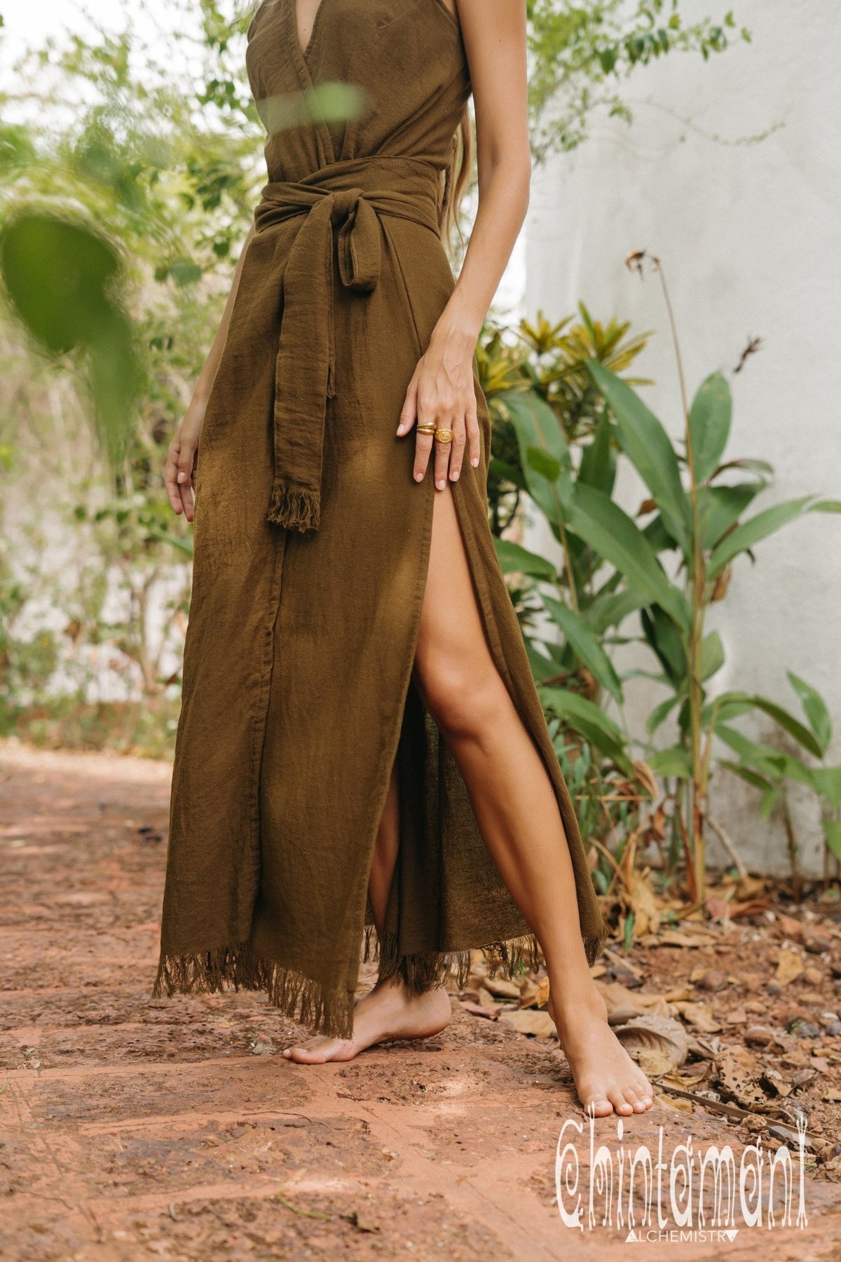 Gypsy Raw Cotton Sleeveless Long Wrap Dress / Brown - ChintamaniAlchemi