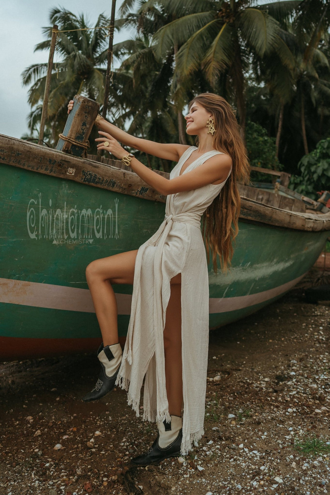 Gypsy Raw Cotton Sleeveless Long Wrap Dress / Off White - ChintamaniAlchemi