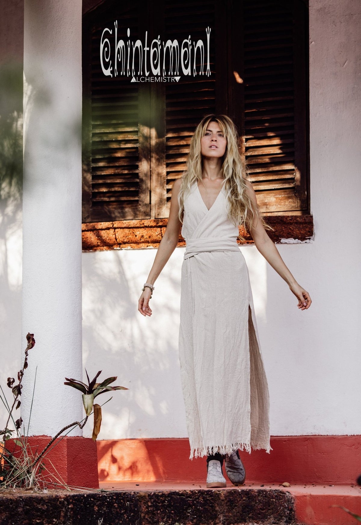 Gypsy Raw Cotton Sleeveless Long Wrap Dress / Off White - ChintamaniAlchemi