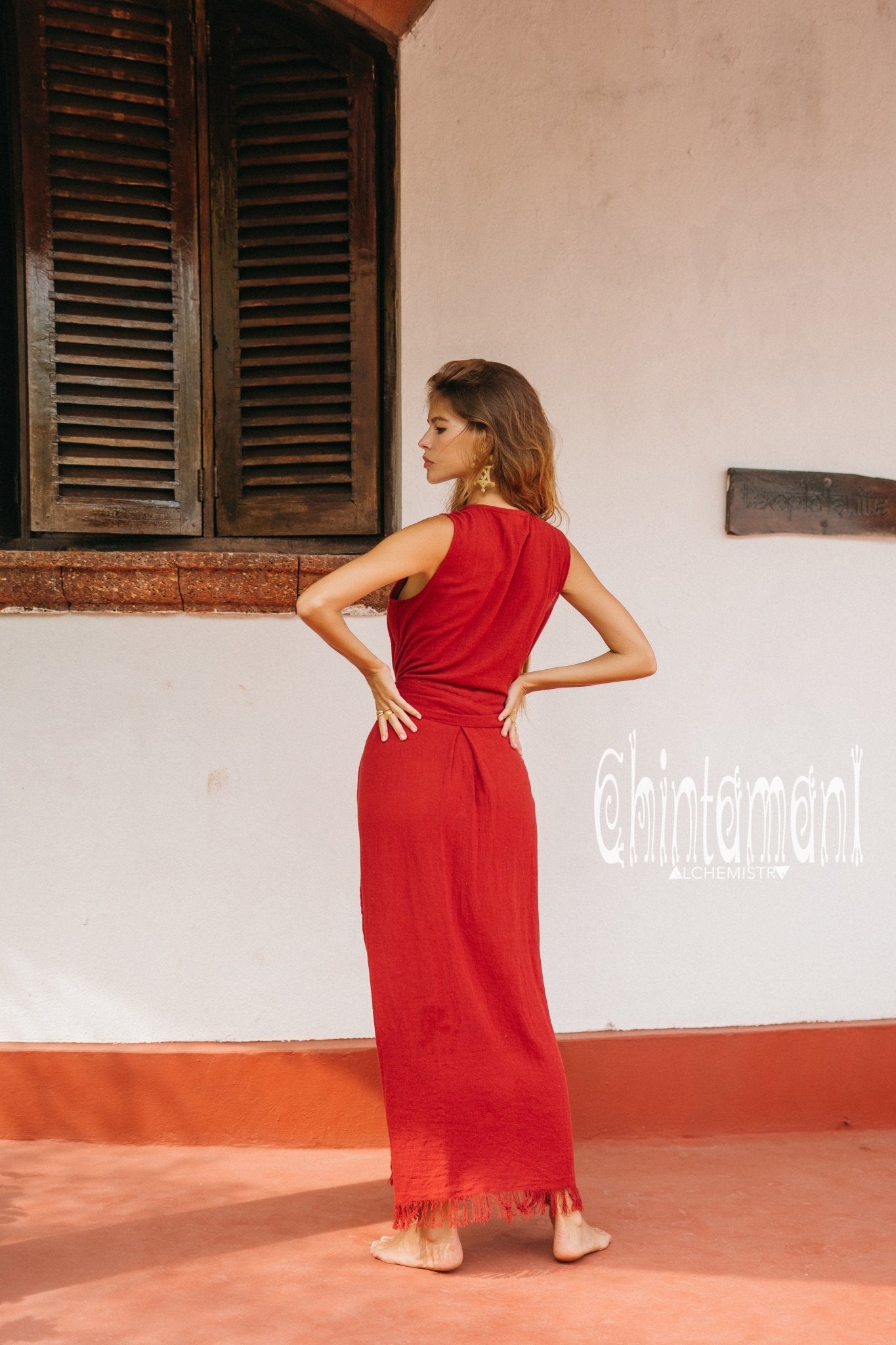 Buy Carmine Red Khadi Cotton Sleeveless Flared Dress Online