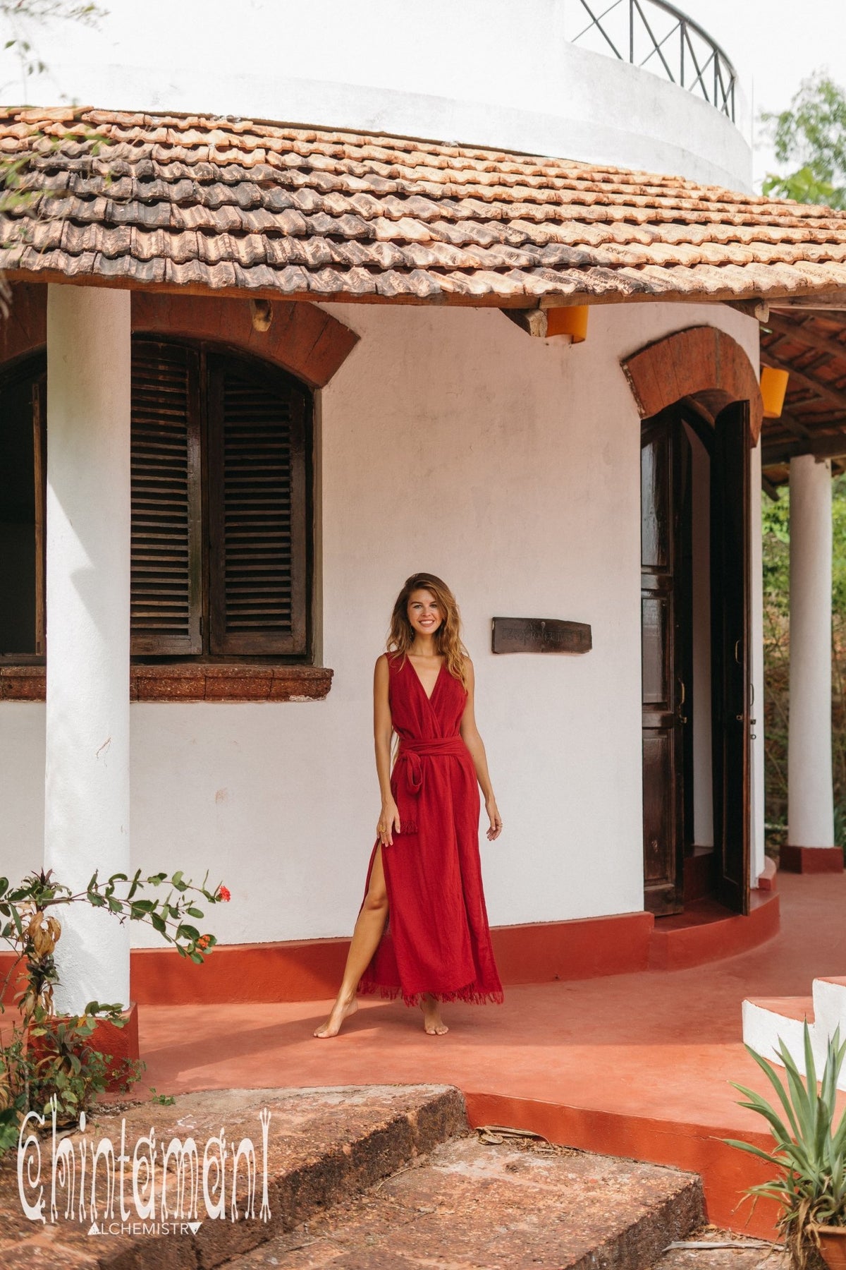 Gypsy Raw Cotton Sleeveless Long Wrap Dress / Red Ochre - ChintamaniAlchemi