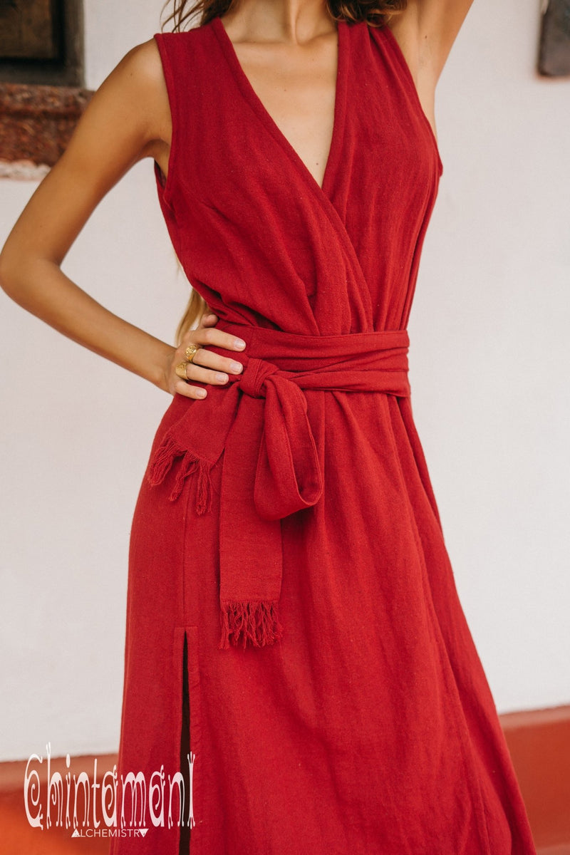 Gypsy Raw Cotton Sleeveless Long Wrap Dress / Red Ochre - ChintamaniAlchemi