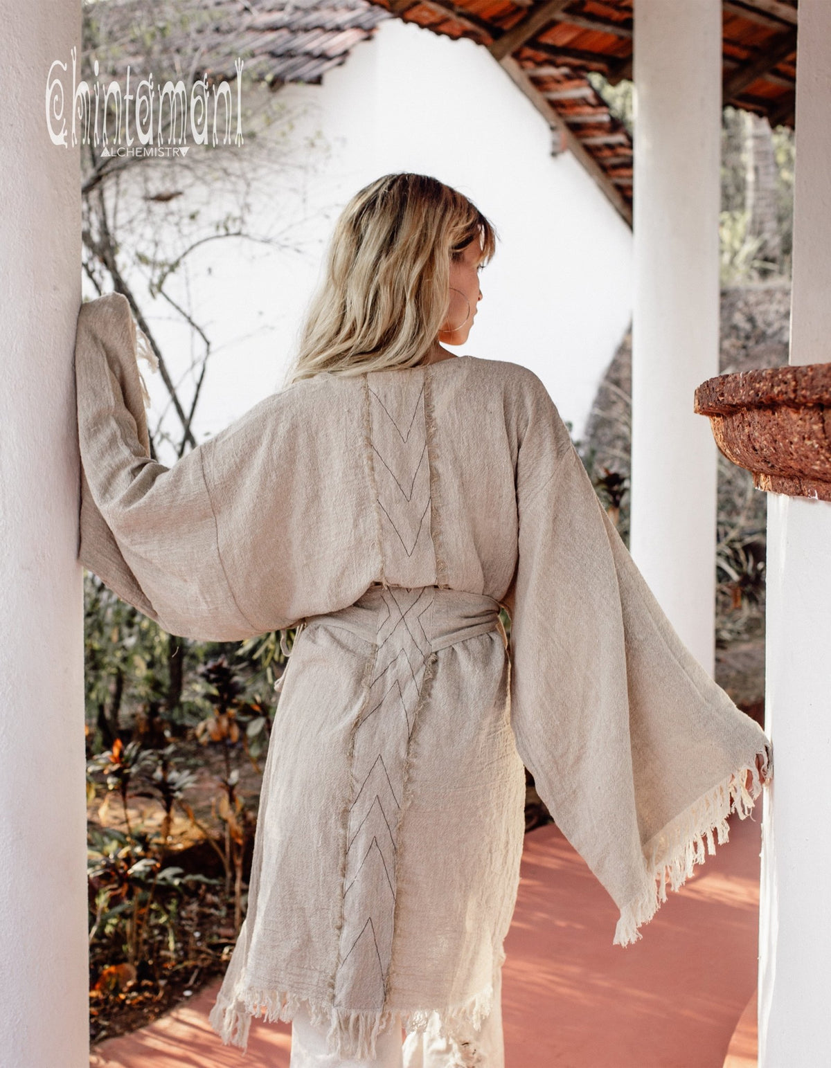 Gypsy Wide Sleeve Wrap Kimono of Raw Cotton / Boho Cardigan Robe / Beige - ChintamaniAlchemi