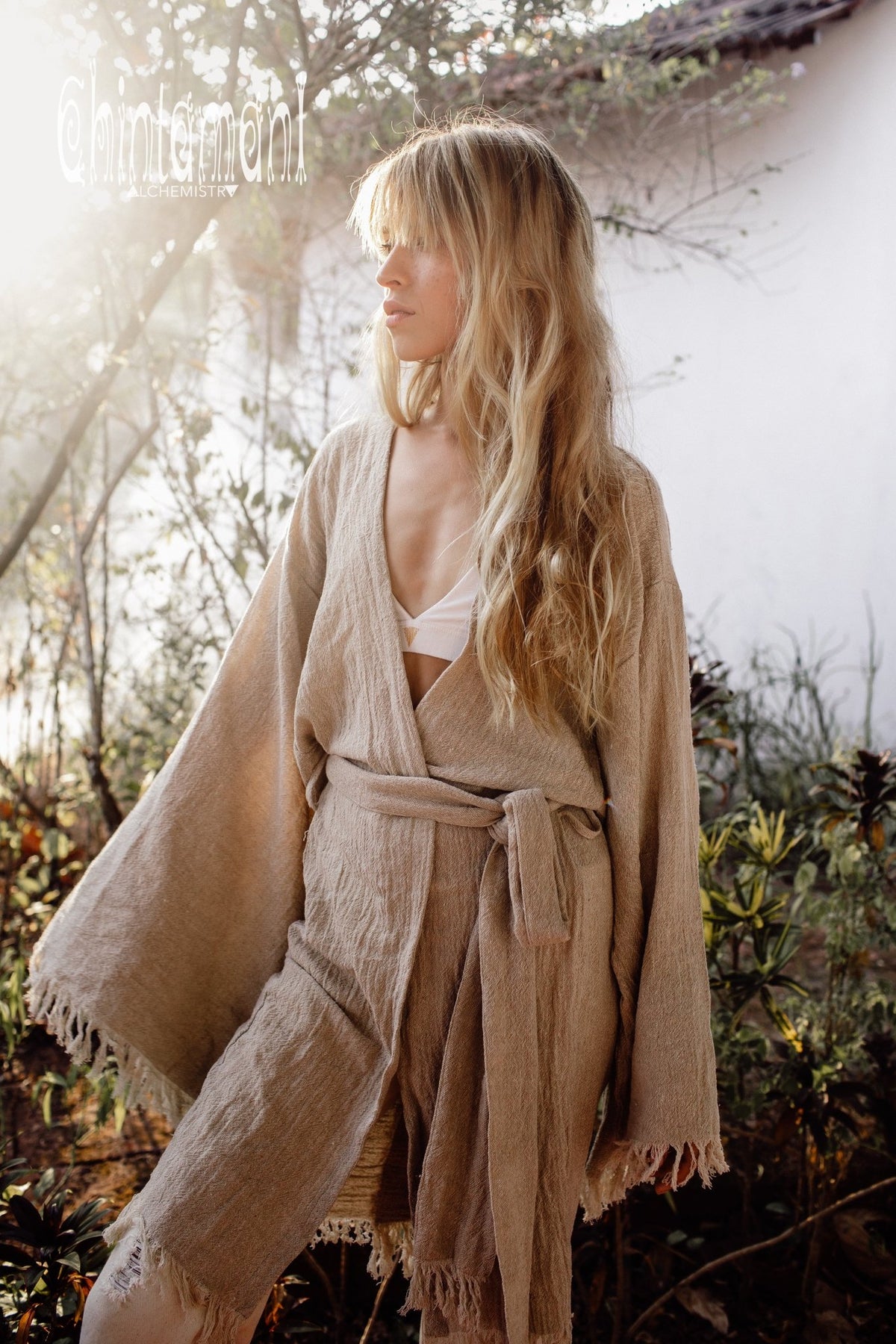 Gypsy Wide Sleeve Wrap Kimono of Raw Cotton / Boho Cardigan Robe / Beige - ChintamaniAlchemi