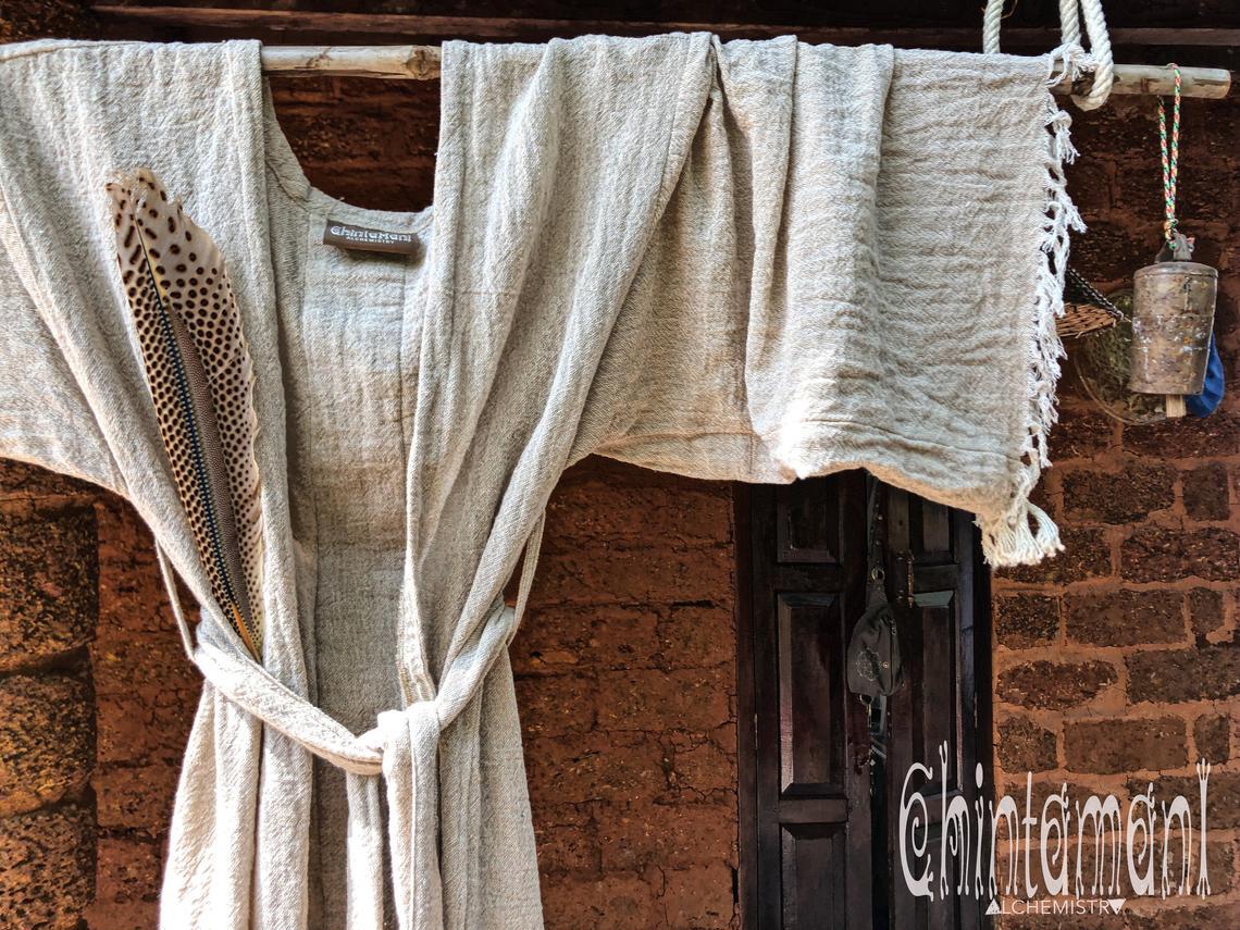 Gypsy Wide Sleeve Wrap Kimono of Raw Cotton / Boho Cardigan Robe / Beige - ChintamaniAlchemi