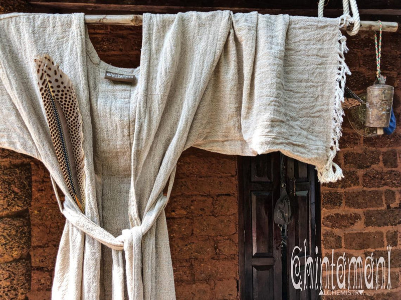 Gypsy Wide Sleeve Wrap Kimono of Raw Cotton / Boho Cardigan Robe / Beige - ChintamaniAlchemi