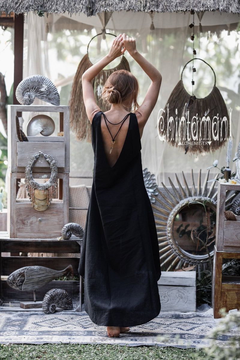 High Low Linen Maxi Dress with Open Back / Black - ChintamaniAlchemi