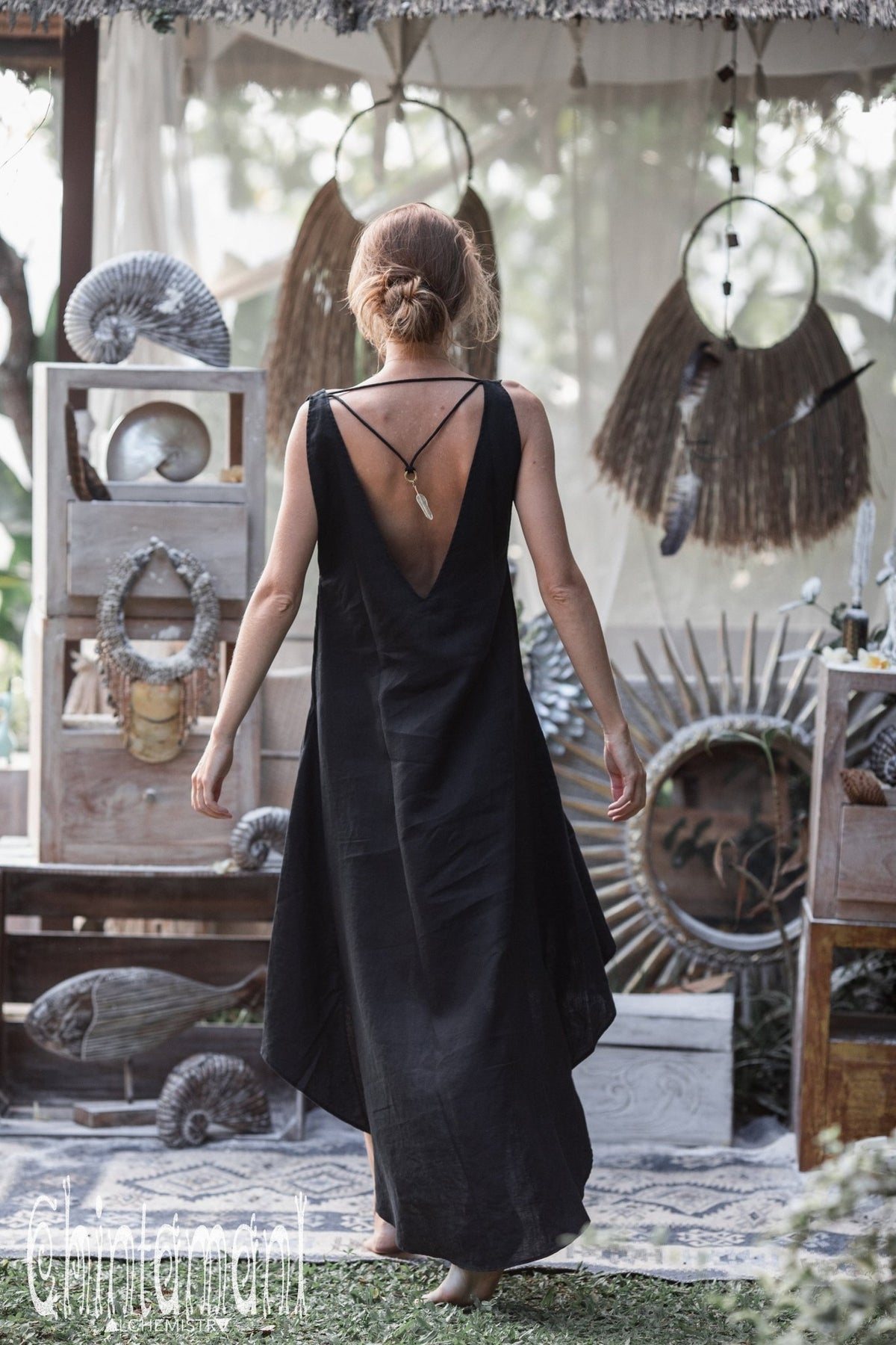 High Low Linen Maxi Dress with Open Back / Black - ChintamaniAlchemi