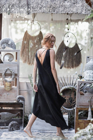 High Low Linen Maxi Dress with Open Back / Black - ChintamaniAlchemi