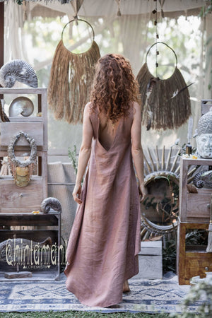 High Low Linen Maxi Dress with Open Back / Dusty Pink - ChintamaniAlchemi