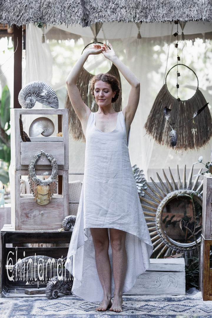High Low Linen Maxi Dress with Open Back / Grey - ChintamaniAlchemi