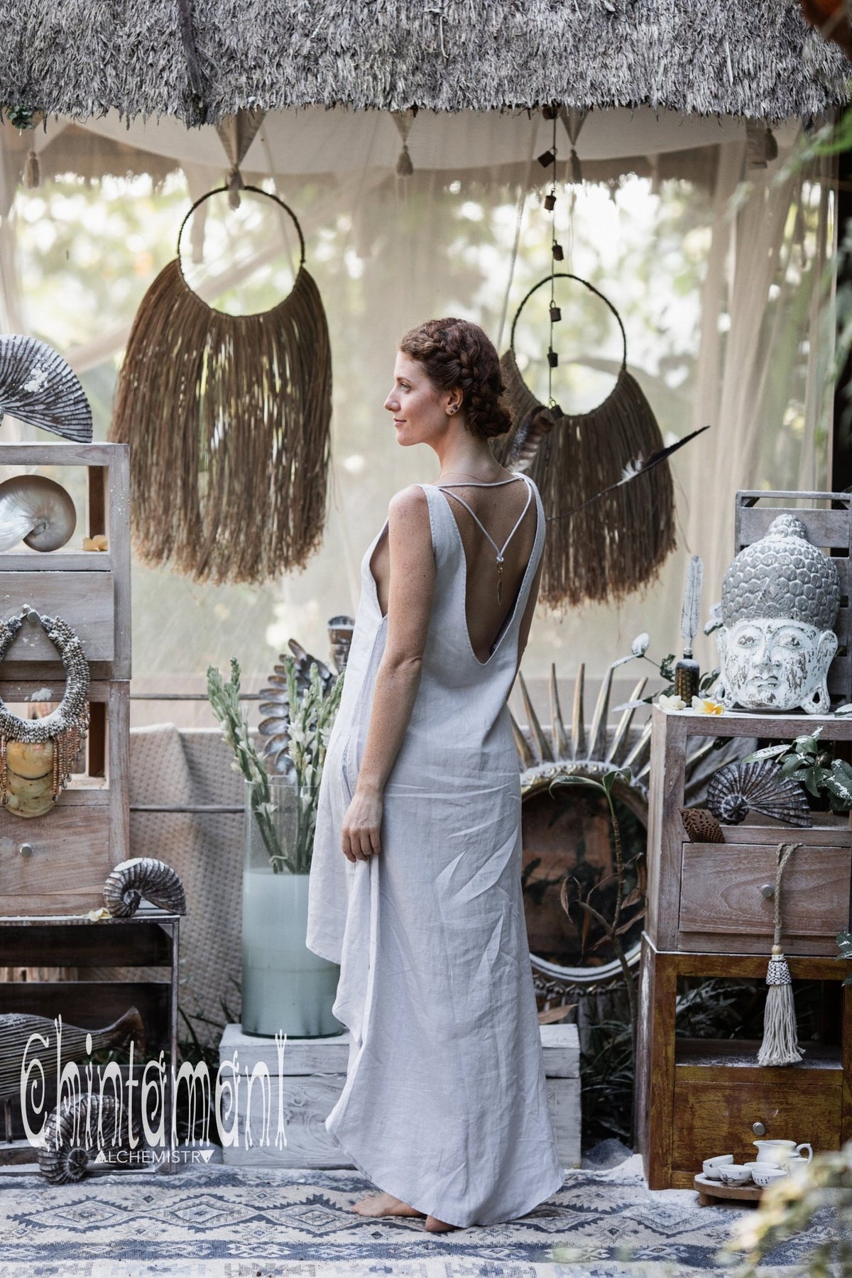 High Low Linen Maxi Dress with Open Back / Grey - ChintamaniAlchemi