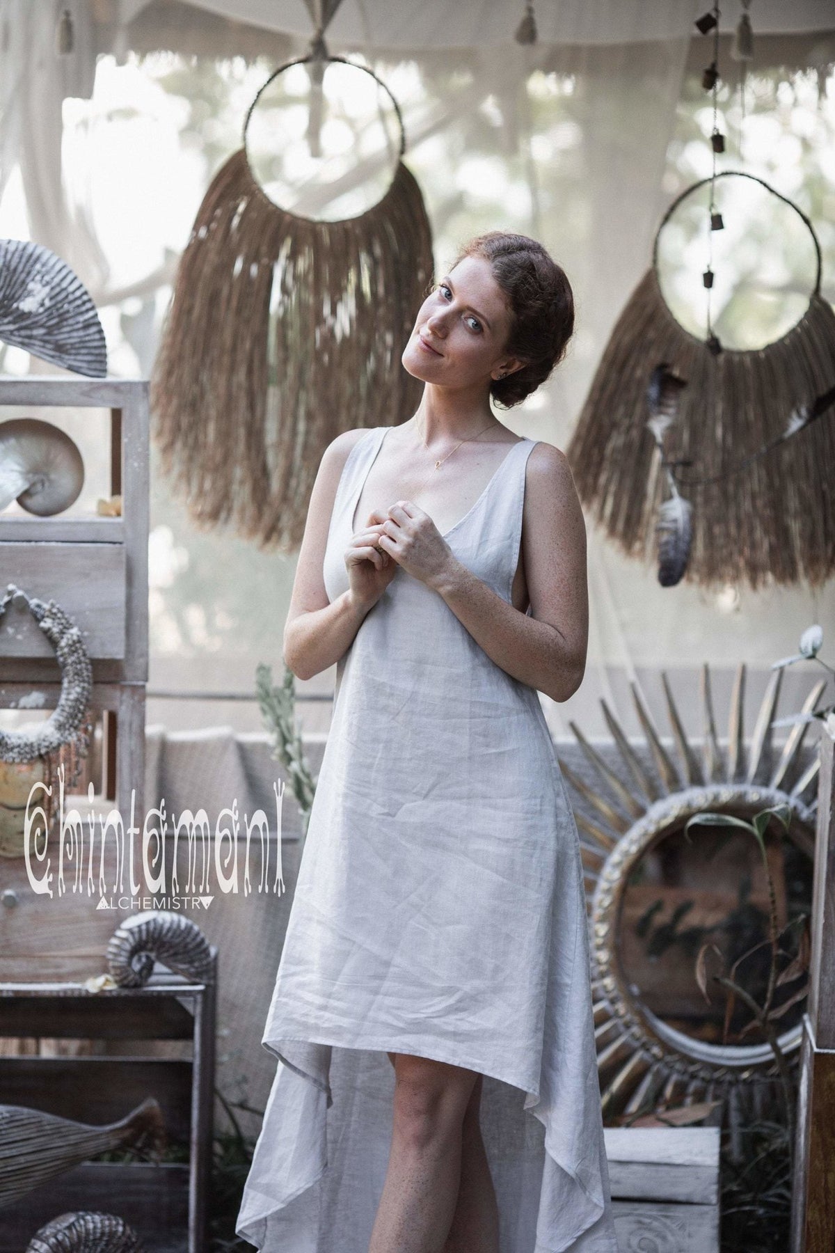 High Low Linen Maxi Dress with Open Back / Grey - ChintamaniAlchemi