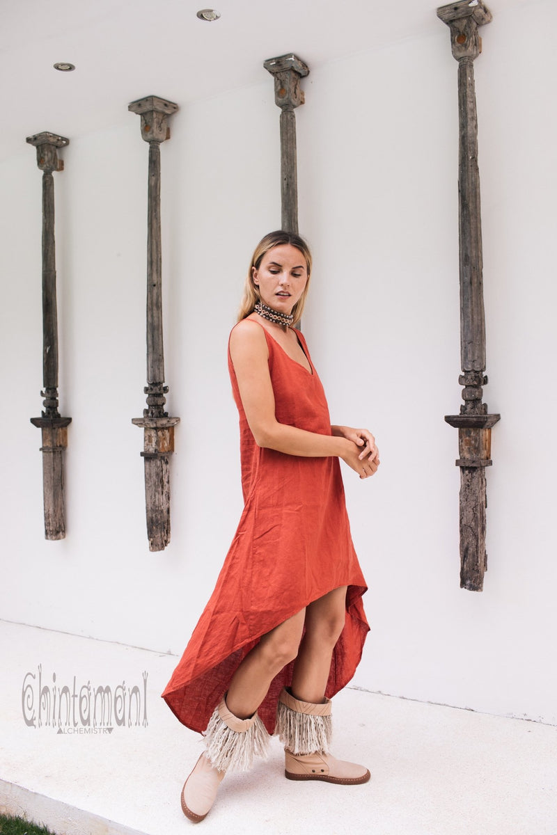 High Low Linen Maxi Dress with Open Back / Red Ochre - ChintamaniAlchemi