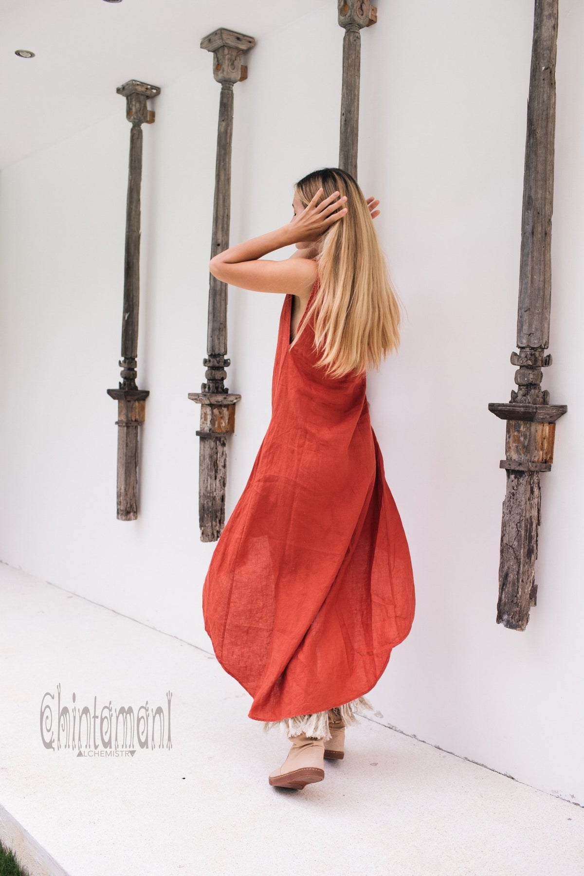 High Low Linen Maxi Dress with Open Back / Red Ochre - ChintamaniAlchemi