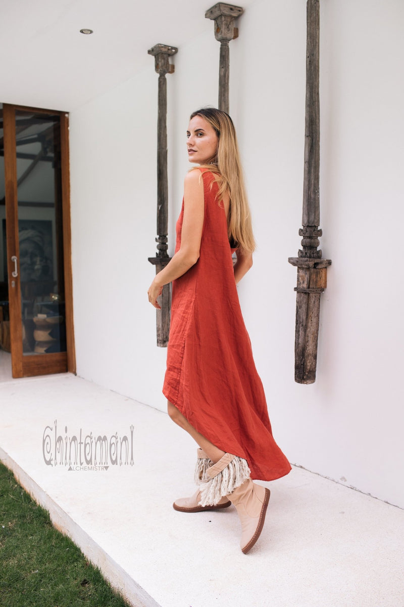 High Low Linen Maxi Dress with Open Back / Red Ochre - ChintamaniAlchemi