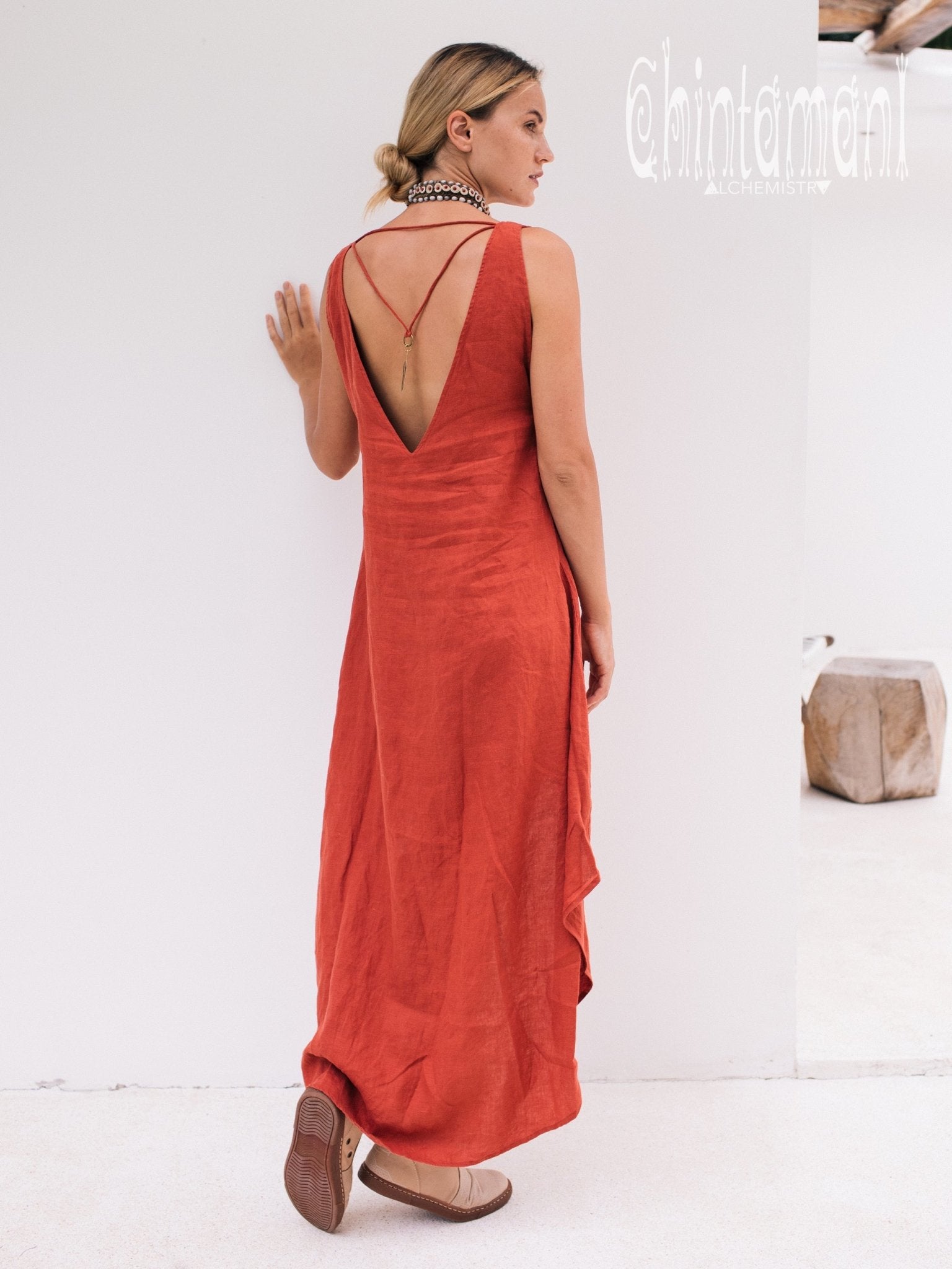 High Low Linen Maxi Dress with Open Back / Red Ochre - ChintamaniAlchemi