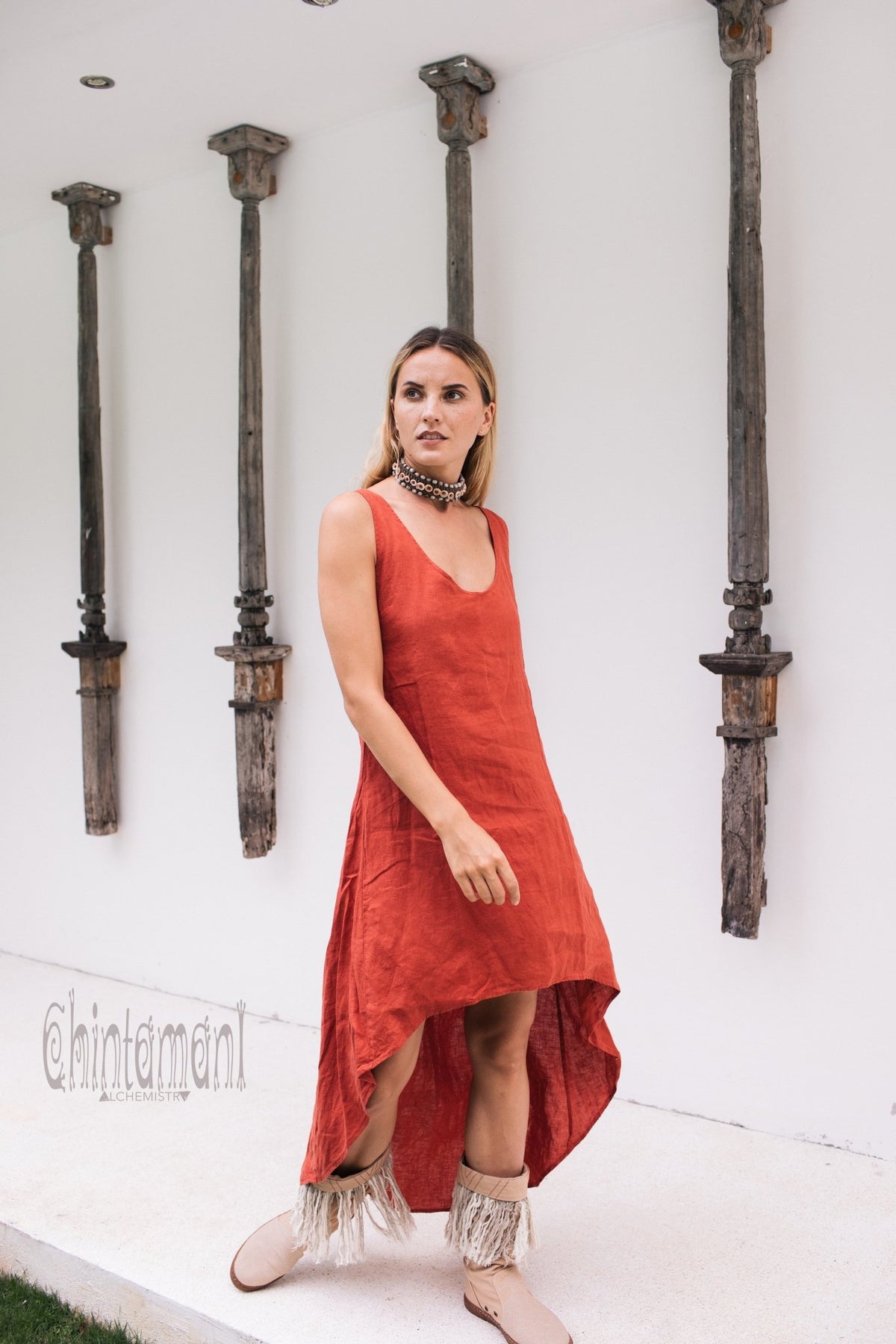 High Low Linen Maxi Dress with Open Back / Red Ochre - ChintamaniAlchemi