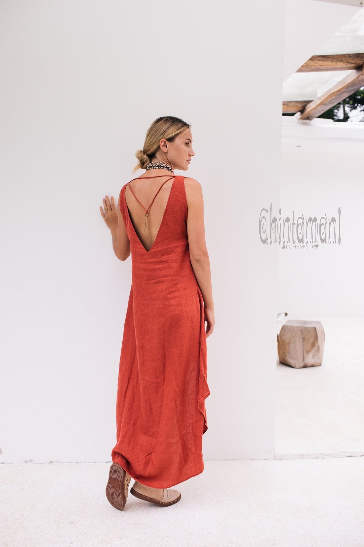 High Low Linen Maxi Dress with Open Back / Red Ochre - ChintamaniAlchemi