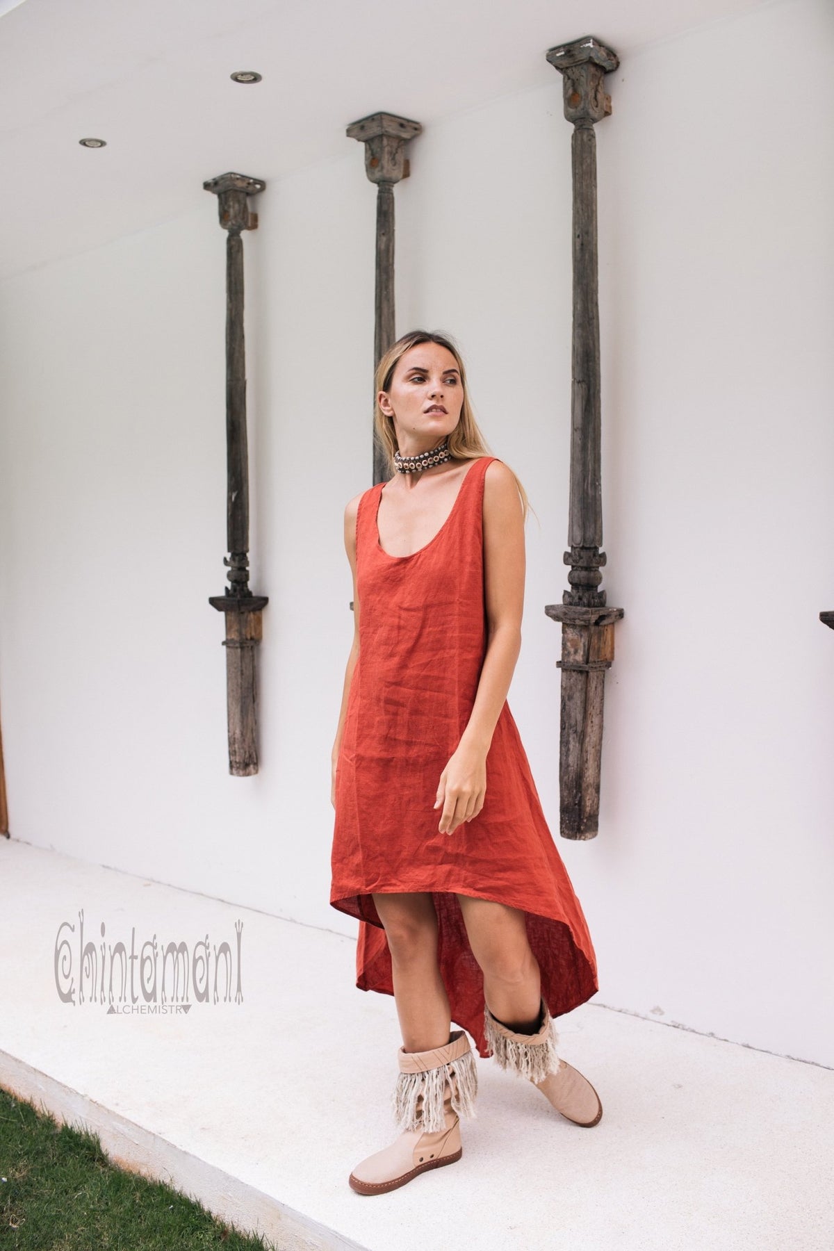 High Low Linen Maxi Dress with Open Back / Red Ochre - ChintamaniAlchemi