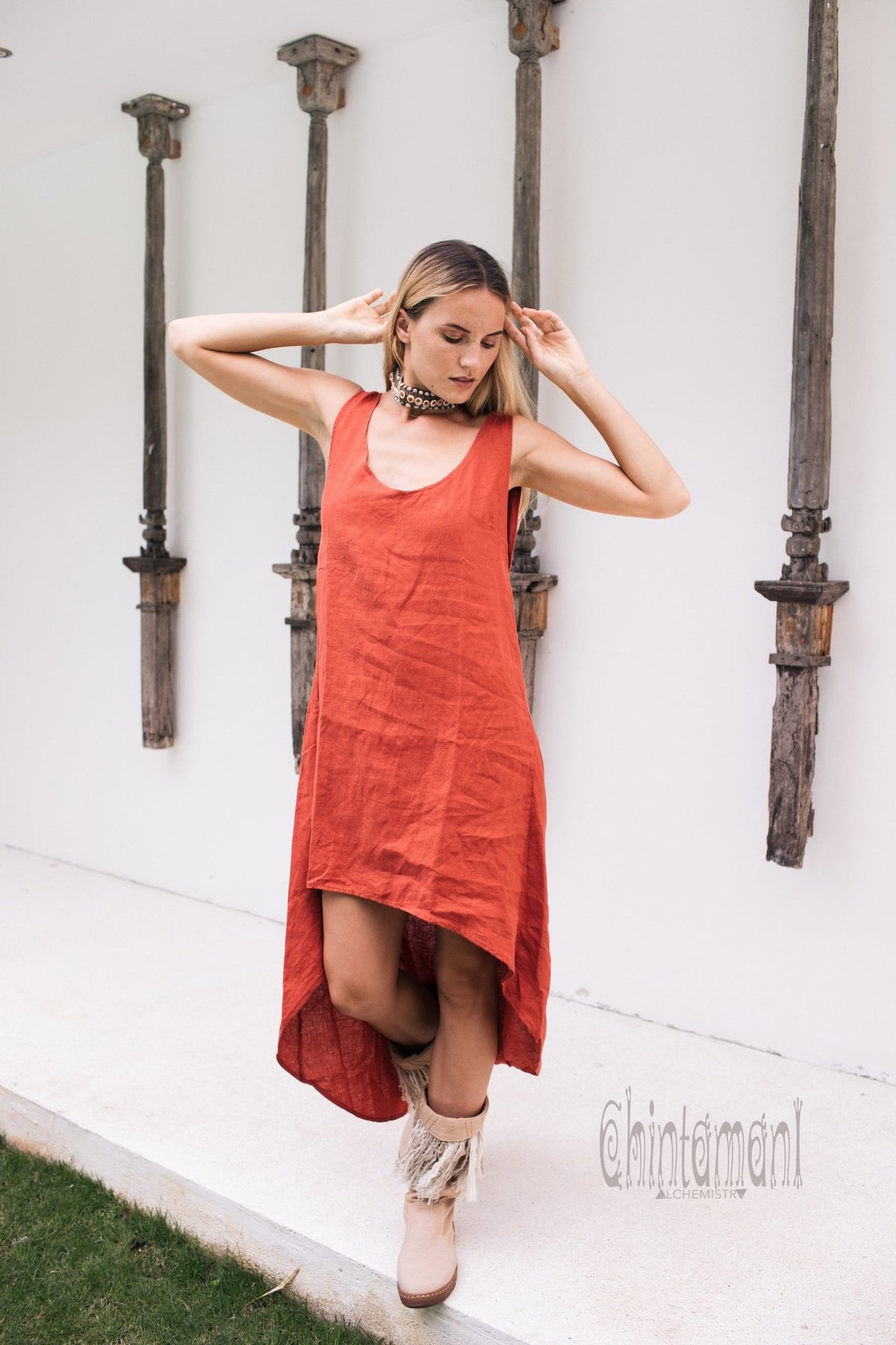 High Low Linen Maxi Dress with Open Back / Red Ochre - ChintamaniAlchemi